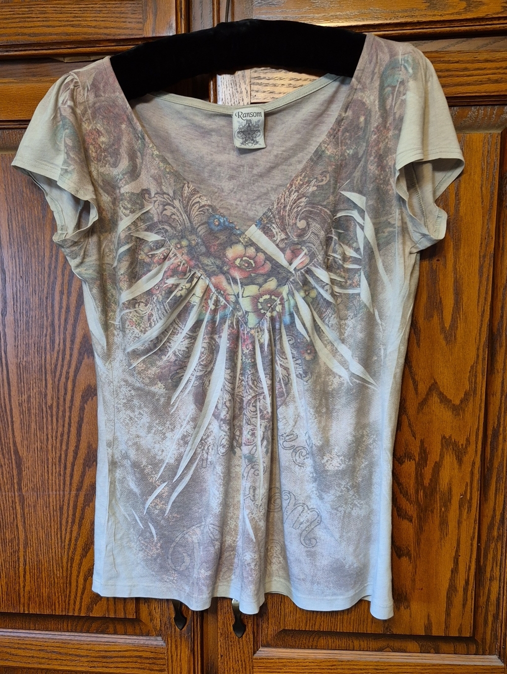 Ransom Sage Green Short-Sleeve V-Neck Tee with Floral Feather Print